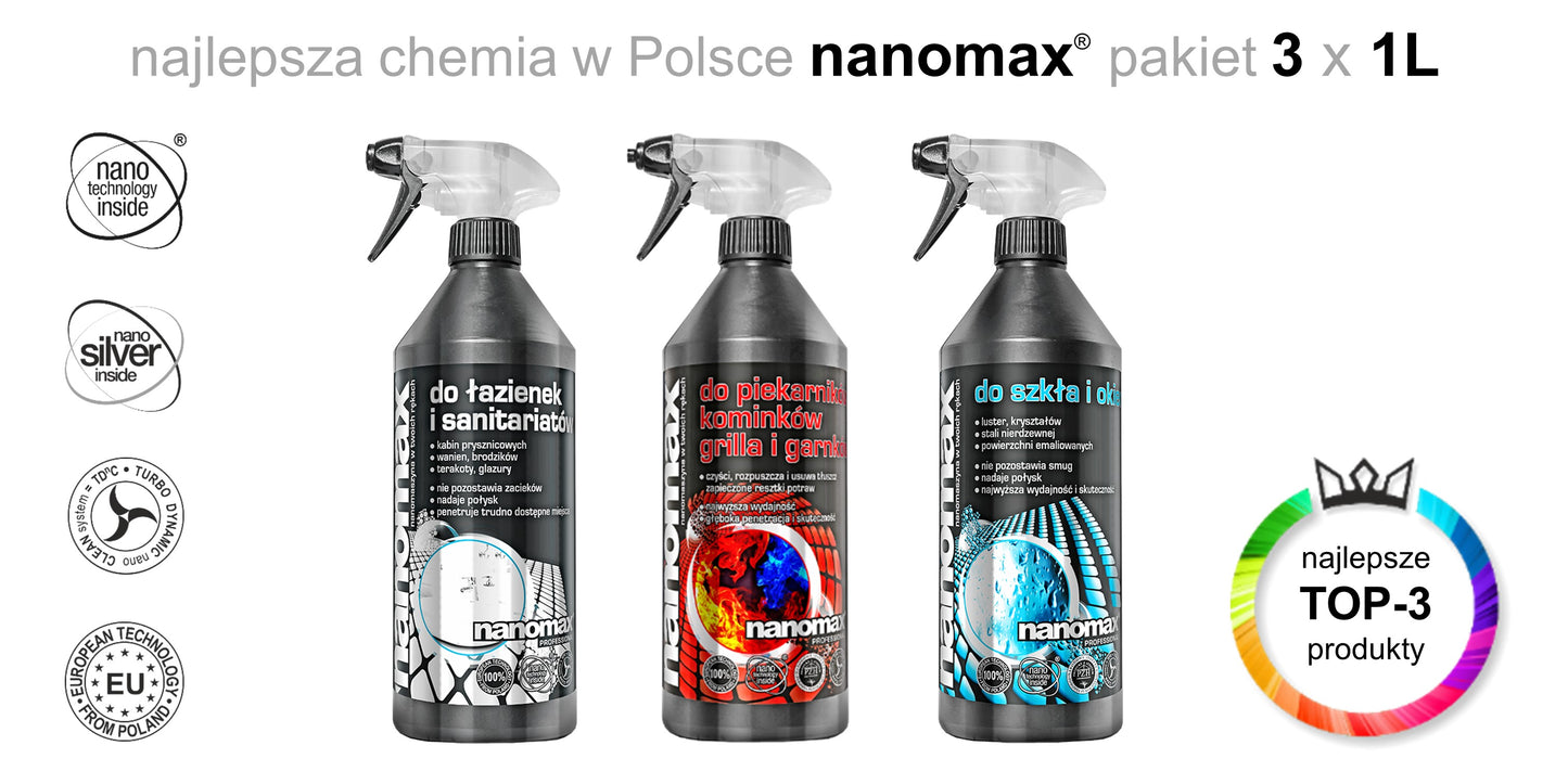 Zestaw TOP 3 nanomax - trzy butelki płynów czyszczących: do kominków, łazienek i szkła, każda 1L