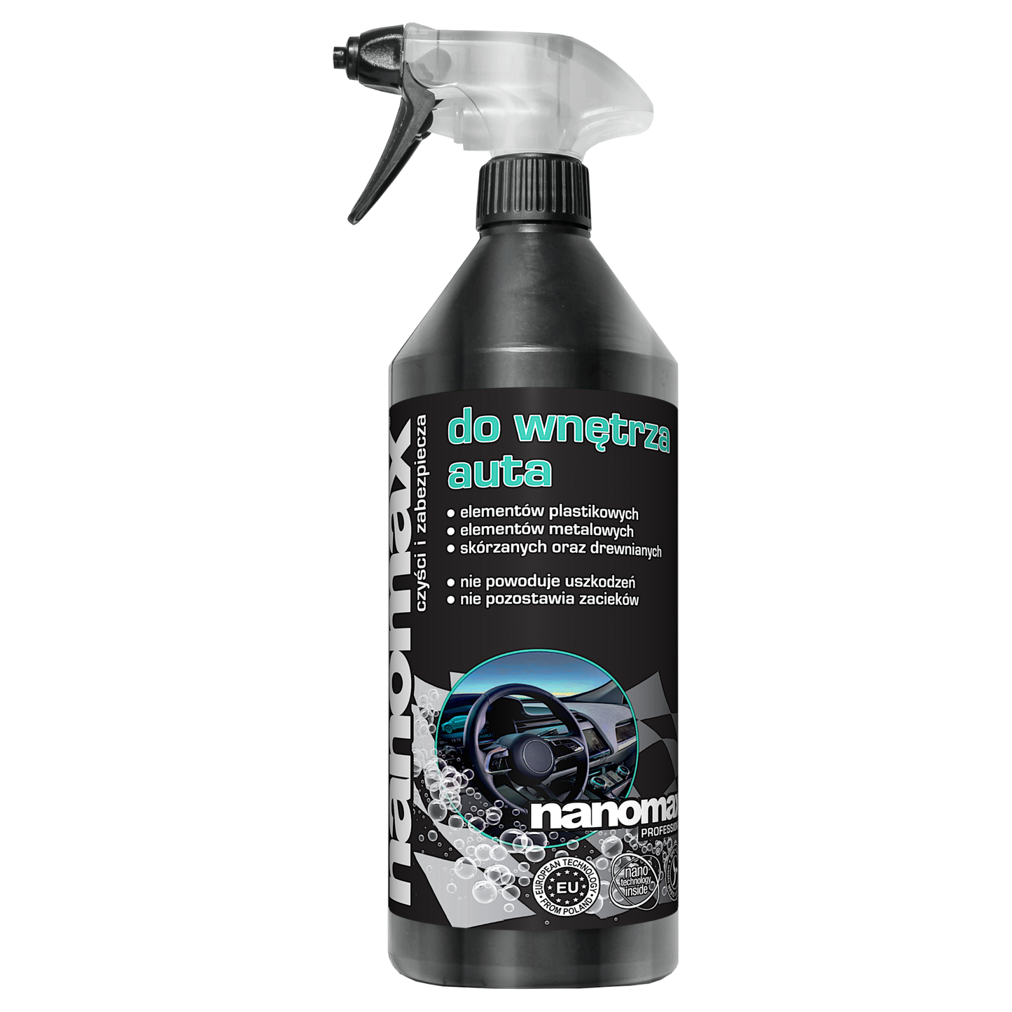 Płyn nanomax do czyszczenia wnętrz samochodowych w białej butelce z rozpylaczem 1L - kokpit, plastik, tapicerka