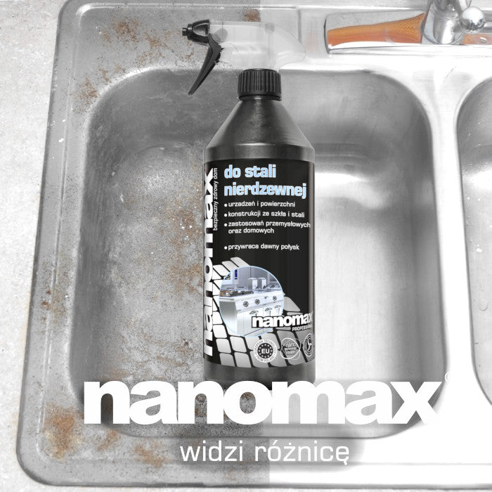 Efekt czyszczenia stali nierdzewnej płynem nanomax - porównanie przed i po, połysk bez zacieków