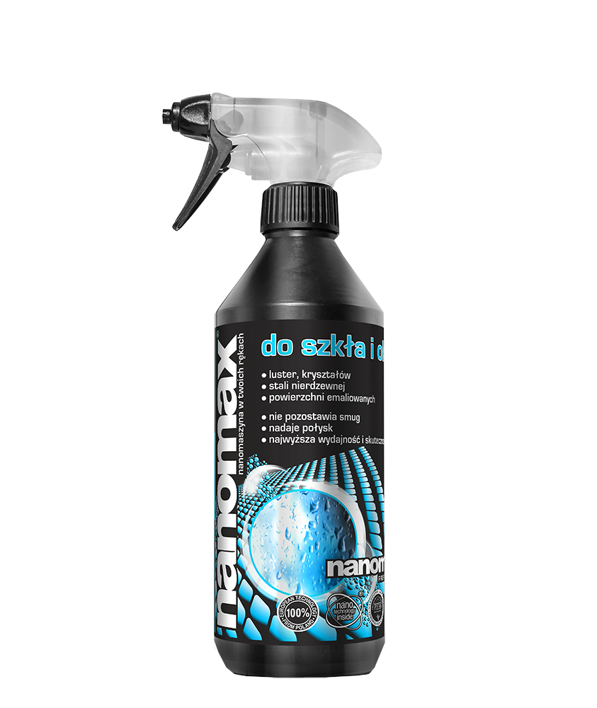Płyn nanomax do szkła i okien w białej butelce z niebieskim rozpylaczem 500ml
