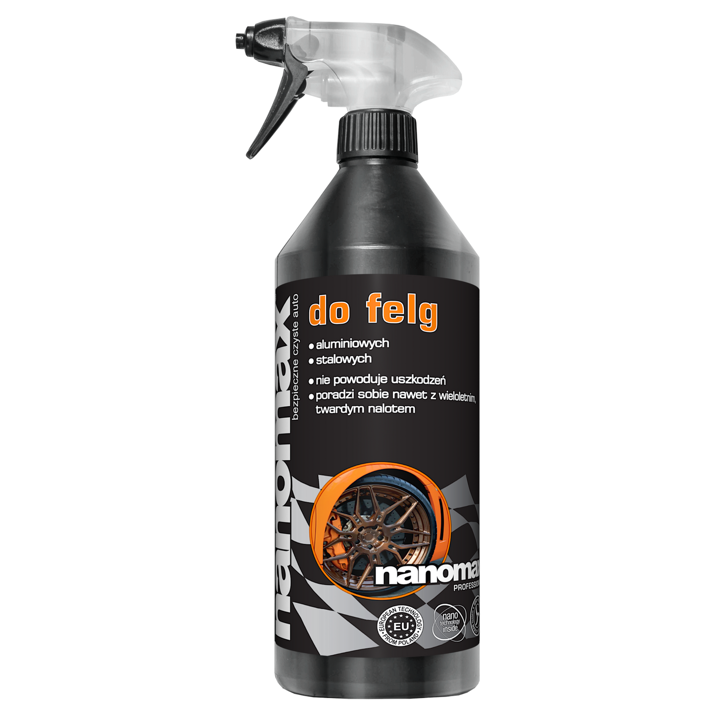 Płyn nanomax do czyszczenia felg w czarnej butelce z rozpylaczem 1L - usuwa pył hamulcowy
