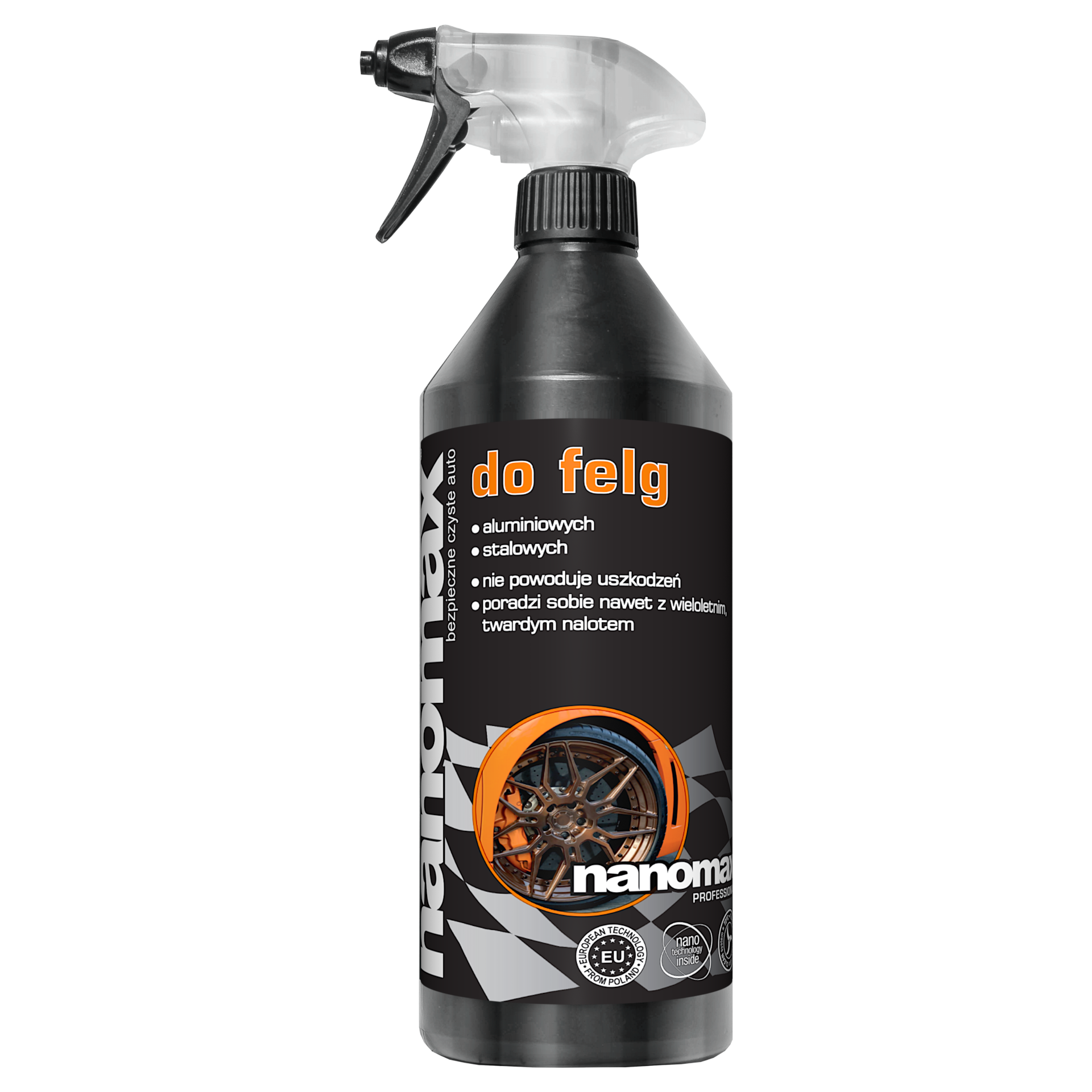 Płyn nanomax do czyszczenia felg w czarnej butelce z rozpylaczem 1L - usuwa pył hamulcowy
