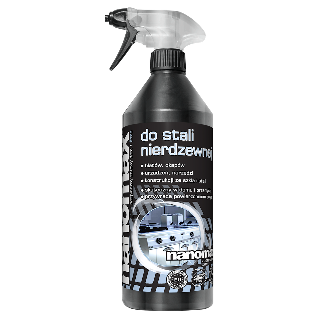 Płyn nanomax do stali nierdzewnej INOX w białej butelce z rozpylaczem 1L - nabłyszcza bez smug
