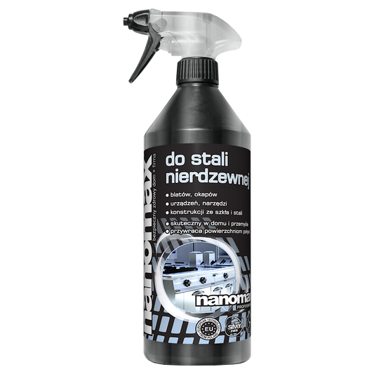 Płyn nanomax do stali nierdzewnej INOX w białej butelce z rozpylaczem 1L - nabłyszcza bez smug

