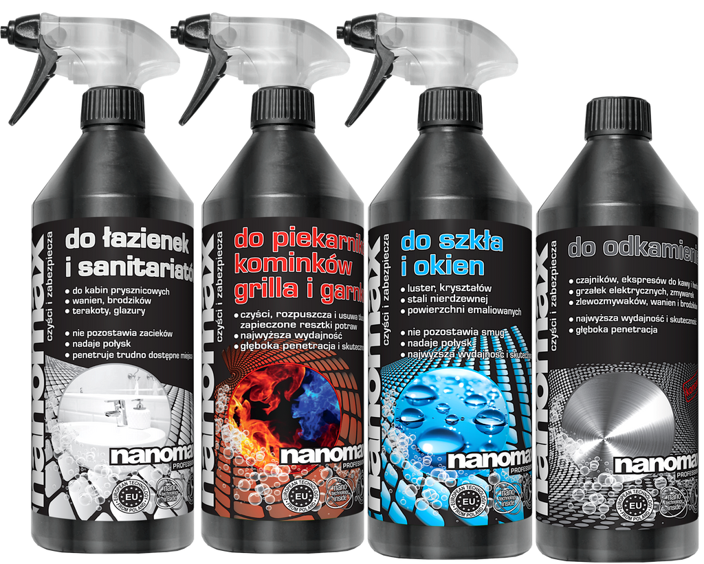 Zestaw TOP 4 nanomax - profesjonalne środki czyszczące do kominków łazienek szkła i odkamieniacz
