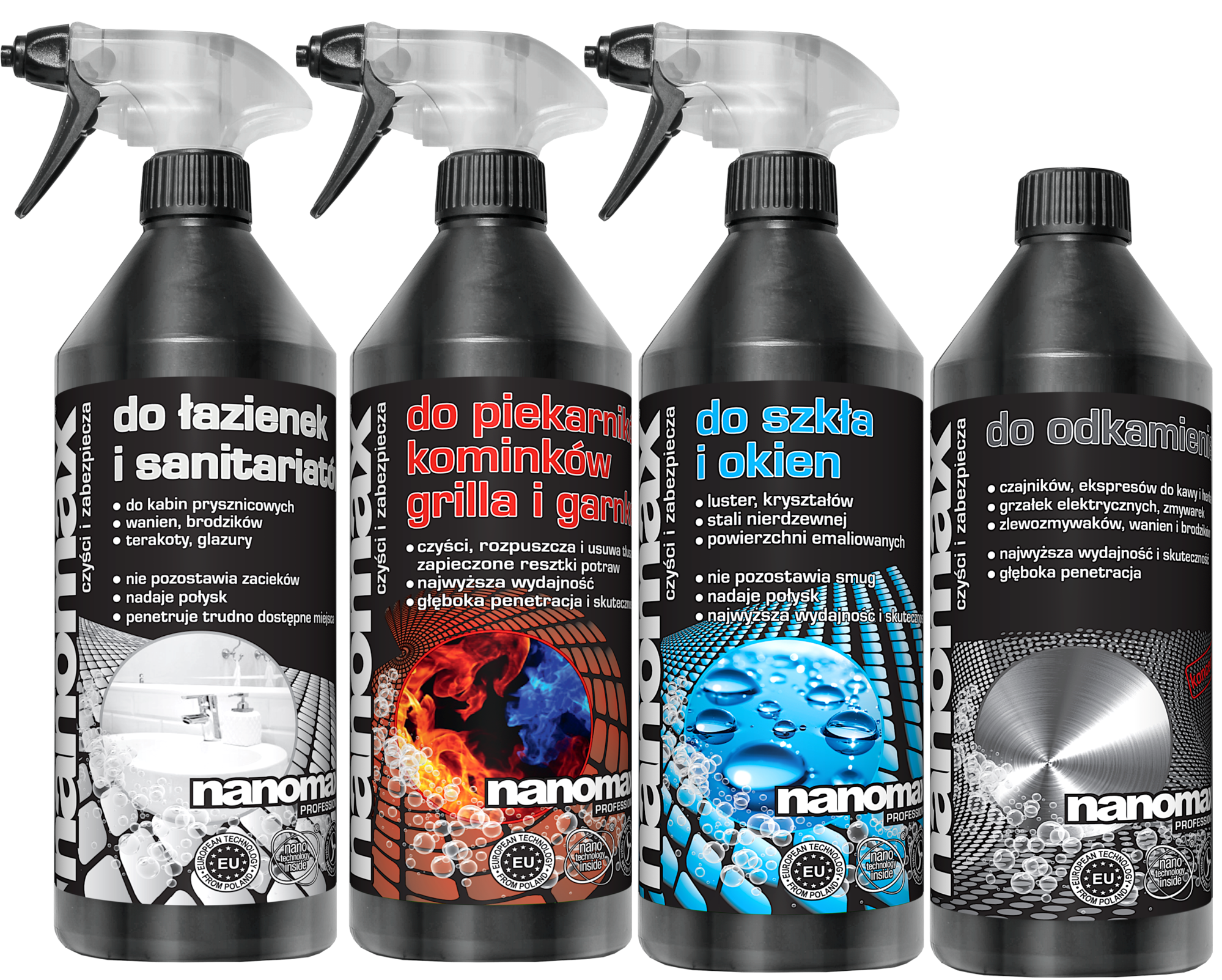 Zestaw TOP 4 nanomax - profesjonalne środki czyszczące do kominków łazienek szkła i odkamieniacz
