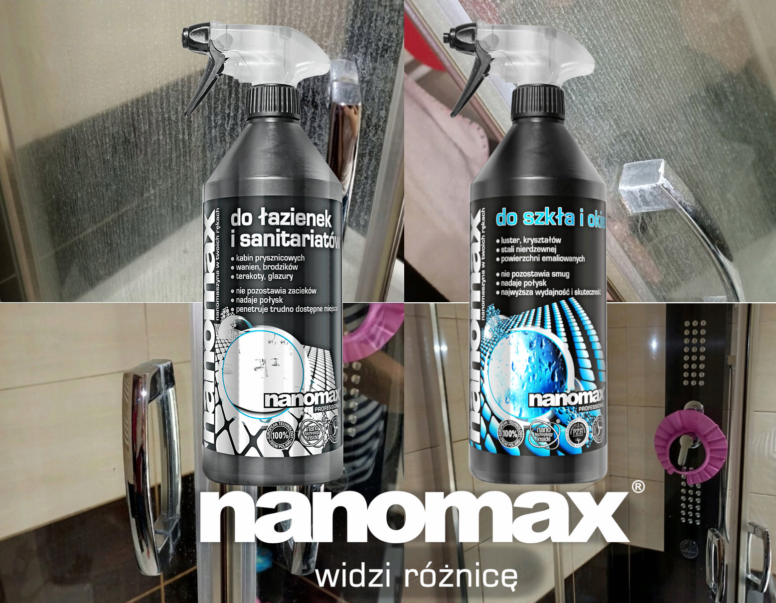 Efekt czyszczenia łazienki nanomax - przed i po usunięciu kamienia i osadów